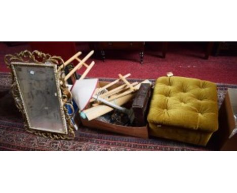 A COLLECTION OF MISCELLANEOUS ITEMS, including a gilt wall mirror, a painted table lamp, a collection of gramophone and recor