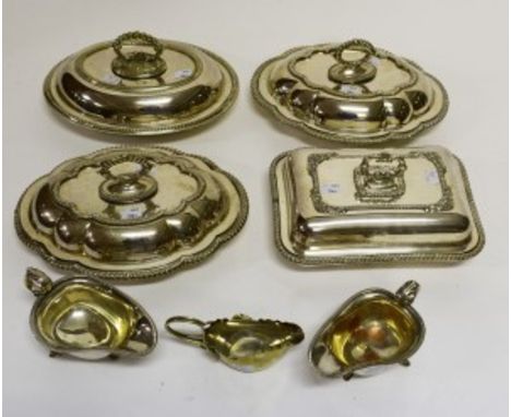 A PAIR OF SILVER-PLATED HELMET-SHAPED SAUCE BOATS, each with scroll handle and three pad feet; another small plated gravy boa