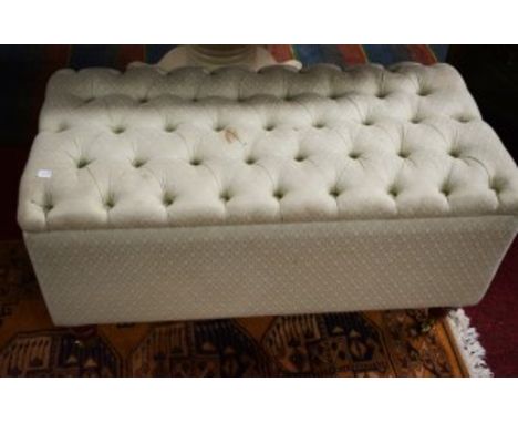 A RECTANGULAR STOOL, with button seat, covered in green trellis pattern fabric, and raised on four turned mahogany legs, with