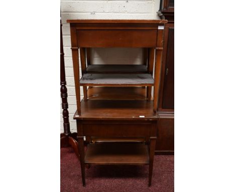 A SET OF FOUR MODERN RECTANGULAR BEDSIDE TABLE, each with drawer and two slides, above a stretcher shelf, on square tapering 