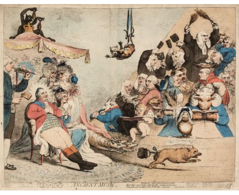 * Gillray (James). Ancient Music, S. W. Fores, May 10th 1787, large etching on laid with contemporary hand-colouring, some ma