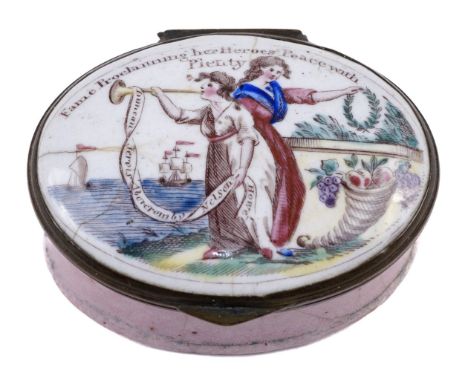 * Nelson (Horatio, 1758-1805). A Staffordshire, Bilston enamel patch box celebrating the Peace of Amiens, circa 1802, the lid