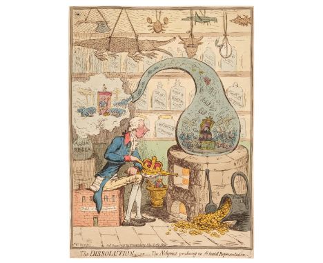 * Gillray (James). The Dissolution - or - The Alchymist producing an Aetherial Representation, H. Humphrey, May 21st 1786, et