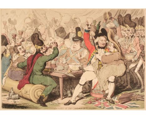 * Gillray (James). Fatigues of the Campaign in Flanders, H. Humphrey, May 20th 1793,  etched caricature with bright contempor