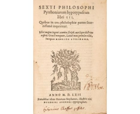 Sextus (Empiricus). Pyrrhoniarum hypotyp[o]se[o]n libri III., quibus in tres philosophiæ partes severissime inquiritur ... La