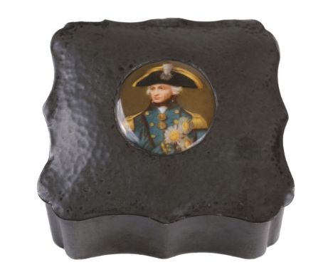 * Nelson (Horatio, 1758-1805). A pewter box commemorating Admiral Lord Nelson circa 1905, the square pewter box with planishe