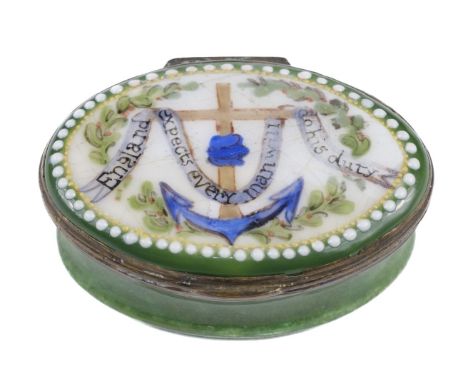 * Nelson (Horatio, 1758-1805). A Staffordshire, Bilston ‘Post-Trafalgar’ enamel patch box, circa 1805, the lid decorated with