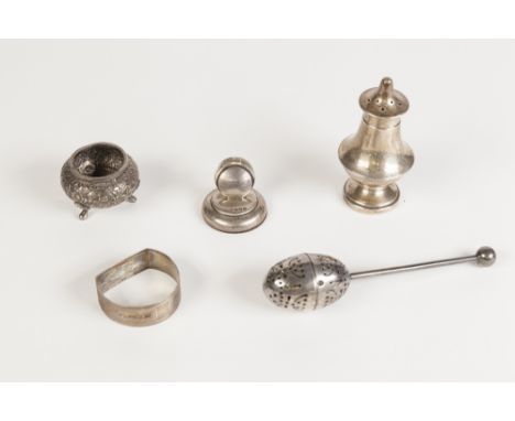SILVER MENU HOLDER with stepped circular foot, Birmingham 1921, 'D' SHAPED NAPKIN RING, with engine turned decoration probabl