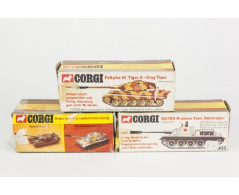 CORGI TOYS VIRTUALLY MINT AND BOXED TIGER II - KING TIGER MODEL No 904, lacks shells, box fair; DITTO SU 100 RUSSIAN TANK DES