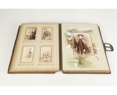 LATE VICTORIAN EMBOSSED LEATHER PHOTOGRAPH ALBUM OF SIXTEEN LEAVES, some with pictorial decoration containing a selection of 