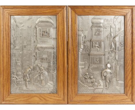 PAIR OF MID TWENTIETH CENTURY W.M.F. EMBOSSED PEWTER COLOURED METAL PLAQUES, of bygone continental street scenes with figures