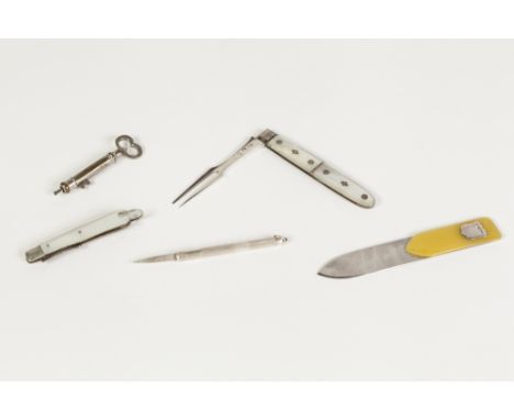 ANTIQUE SILVER TWO TINED FOLDING FORK, with clasp knife type mother o' pearl handle, 5 3/8" (13.7cm) long when open, a SIMILA
