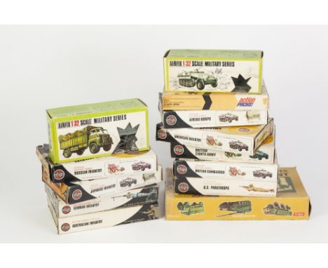 NINE AIRFIX BOXES OF 32nd SCALE PLASTIC MILITARY FIGURES, to include British Eighth Army, US Paratroops and SIMILAR BOX OF AC