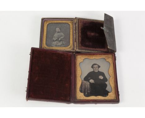 GOOD TINTED AMBROTYPE PORTRAIT PHOTOGRAPH 3/4 LENGTH STUDY OF A CLERGYMAN, displayed in a morocco case with fancy bright cut 