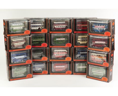 TWENTY EIGHT EFE MINT AND BOXED DIE CAST 1:76 SCALE MODELS OF CLASSIC DOUBLE-DECKER BUSES  various liveries, window boxes mai