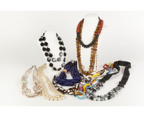 EIGHT LARGE AND HEAVY COSTUME NECKLACES and two imitation pearl necklaces (10)
