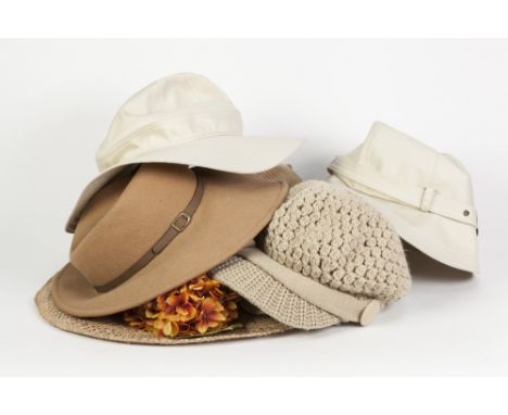 THREE LADY'S AQUASCUTUM HATS VIZ A LIGHT BROWN FELT FEDORA AND TWO OFF-WHITE  GABERDINE HATS; AN 'ACCESSORIZE' STRAW BROAD BR