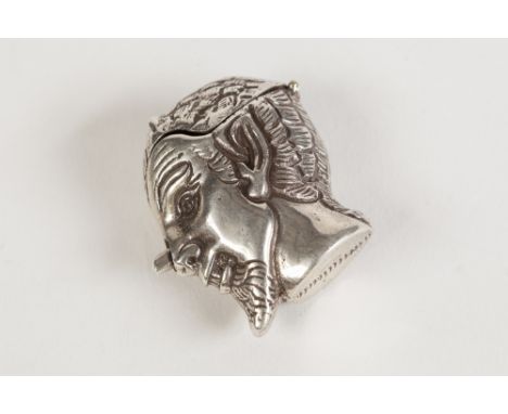 EDWARDIAN CAST SILVER VESTA BOX IN THE SHAPE OF A FAUNS HEAD, the nose incorporating a push button release for the top of the