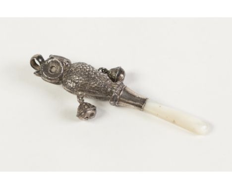 DOUBLE SIDED EMBOSSED SILVER OWL AND MOTHER OF PEARL TEETHING RATTLE with suspension ring and pendant with two bells, makers 
