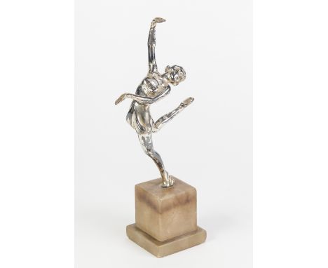 ART DECO SILVER PLATED FEMALE FIGURE, modelled in stylised pose, and raised on a square, stepped,  alabaster plinth, the figu