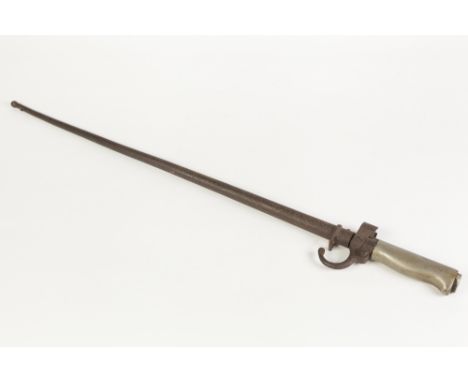 LATE 19th CENTURY FRENCH EPEE BAYONET of cruciform section with curved single quillon, 25 1/4" (64cm) long and the METAL SCAB