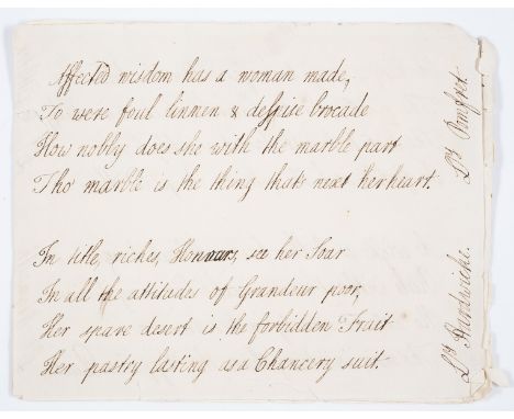 Manuscript verse, beginning "Affected wisdom has a woman made", manuscript, 6pp., browned, edges chipped, loose, unbound, [18