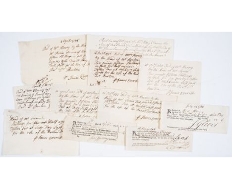 18th century receipts and bills.- Collection of 24 receipts and 8 bills, including: 15 receipts in the name of Mary Harvey of