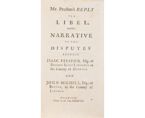 Libel &amp; Censorship.- Preston (Isaac) Mr. Preston's Reply to a Libel, intitl'd a Narrative of the Disputes between Isaac P