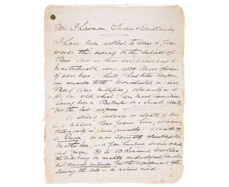 Bees.- [Lecture on Bees], manuscript, 8pp., a few small tears along folds, slightly browned, sm. 4to, [c. 1890]; and a small 