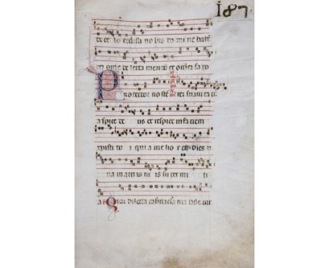 Choirbook, bifolium, (4pp.), manuscript on vellum, 2 large historiated initials and others in blue and red, staves in red ink