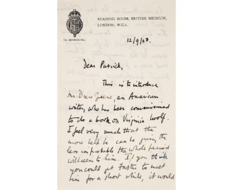 Wilson (Sir Angus, novelist and biographer, 1913-91) Autograph Letter signed to Patrick [Wilkinson], 2pp., 8vo, Reading Room,