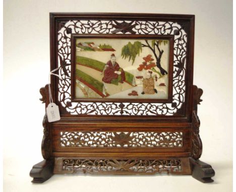 Good Chinese jade &amp; carved wood table screen carved jade plaque depicting figures in a lakeside setting, in a carved wood