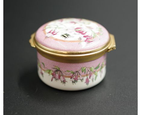 Halcyon Days enamel decorated lidded box blossom and bee decorated to lid, opening to circualr box, in original packaging, (d