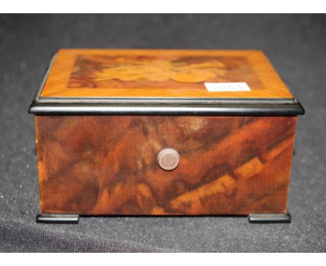 Swiss inlaid wood cased music box inlaid decoration to lid of wood cased music box, with operational Swiss 'Reuge' movement p