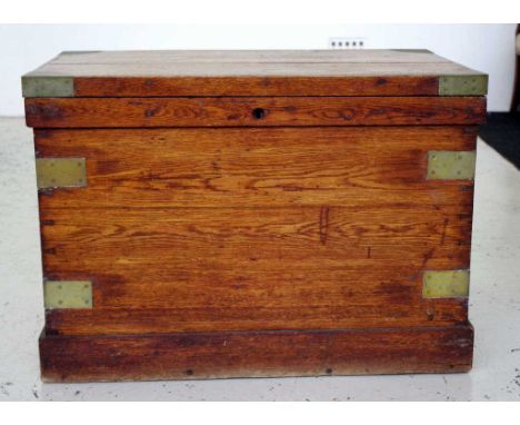Early hardwood trunk with brass fittings and corner straps, 90.5cm x 59.5cm, 63cm high approx