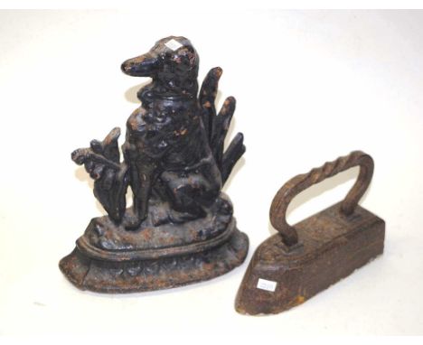 Vintage cast metal dog form door stop shape book end, 30cm height approx, together with a cast metal iron form door stop