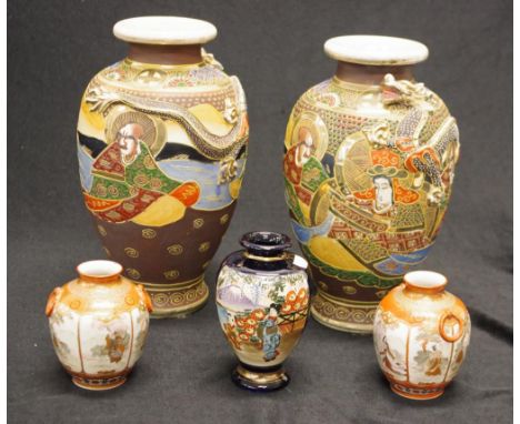 Good group Japanese ceramic vases including: pair hand painted Satsuma vases, figural decoration, marked to bases, (height 26