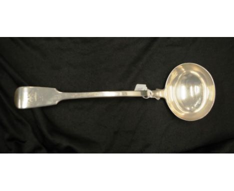Victorian sterling silver soup ladle London 1852, makers Samuel Hayne and Dudley Cater, crested and monogrammed, (length 33cm