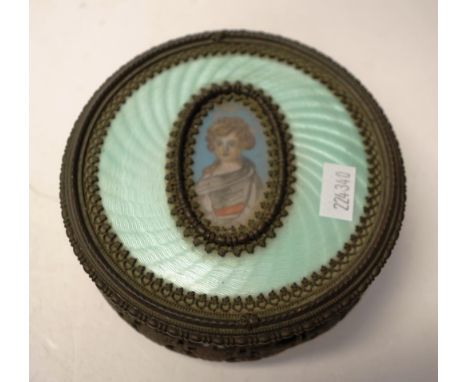 Vintage guilloche decorated brass jewel casket guilloche decoration to lid, with  hand painted cartouche portrait to centre, 