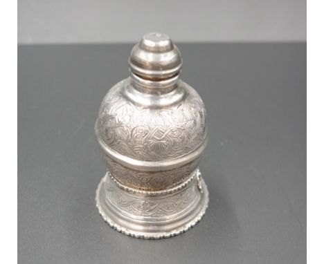 Persian silver spice canister with stand with impressed marks, decorated with Persian motif, together with a miniature ladle,