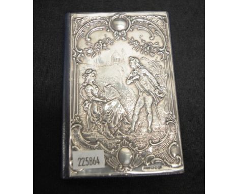 Sterling silver and leather bound address book London 1990, maker Keyford Frames Ltd, courting scene overlay, 12 x 8 cm appro