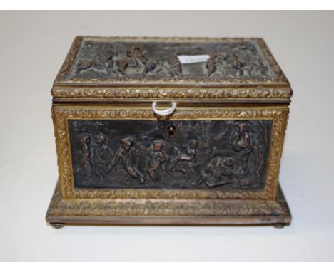 Vintage French decorated brass jewel casket in relief decoration to lid and sides, lid opening to fully lined interior, marke