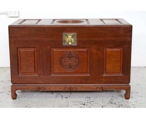 Chinese carved hardwood trunk with camphor wood interior, 101cm wide, 53cm deep, 64cm high approx