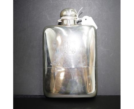 Good George V sterling silver whisky flask London 1914, maker's mark rubbed, monogrammed, with hallmarked silver cup to base,