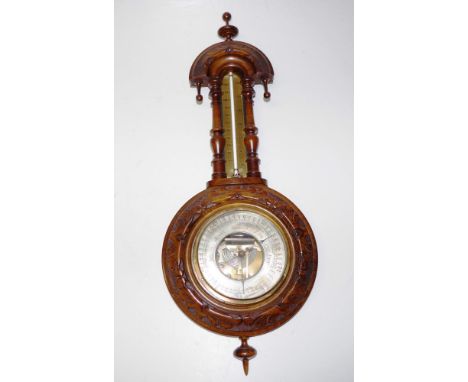 Vintage wall barometer / thermometer with carved wood case, 55cm x 21cm approx