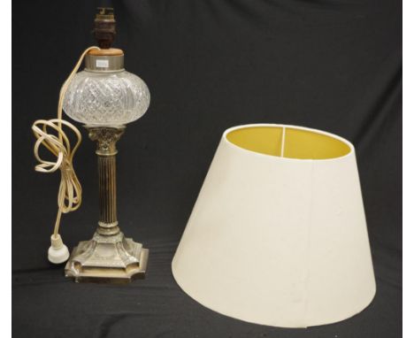 Vintage silver plate electric table lamp classical silver plate column form lamp base, with cut crystal bowl to top, fitted f