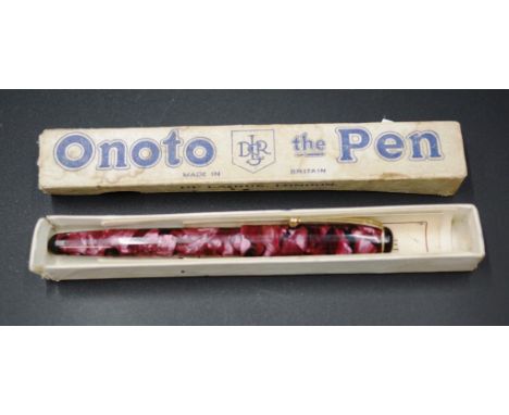 Vintage 'Onoto' lever action fountain pen pink marblised decoration, with gold nib, in original De La Rue box, with instructi