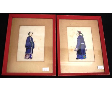 Two Chinese framed portraits on rice paper each portrait of a Chinese figure in national dress, (13cm X 9cm approx, each imag