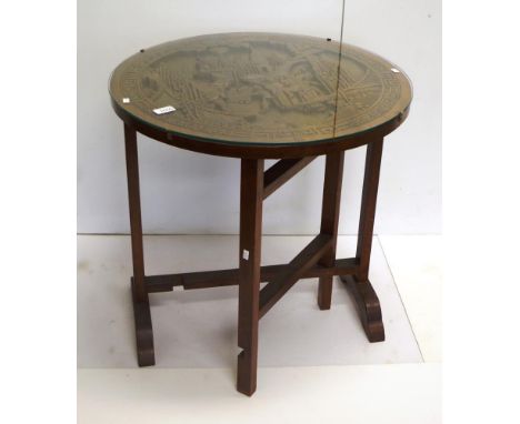 Chinese gate leg occasional table with ornately carved figural decorated glass top, diameter 81.5cm X height 82cm approx