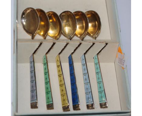 Set six Norwegian silver &amp; enamel coffee spoons each with enamel decorated handles to gilt washed bowls, marked 'silver 9